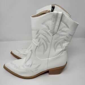 Wetkiss Women 10 White Pointed Toe Embroidered Western Festival Cowgirl Boots‎